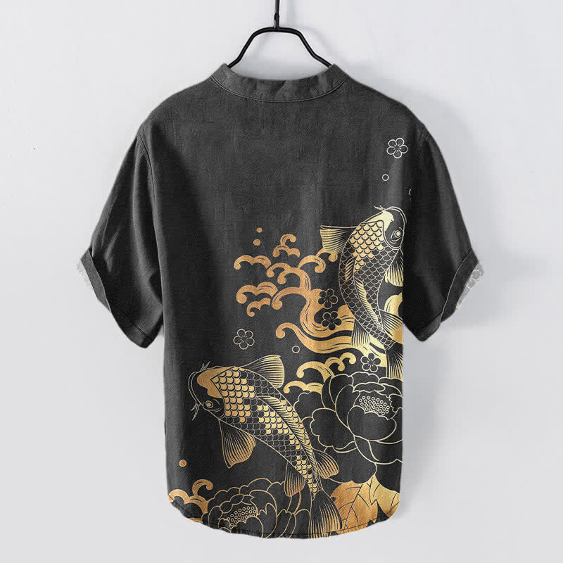 Nimara Ritual Cotton Koi Fish Peony Pattern Men's Short Sleeve Half Button Shirt