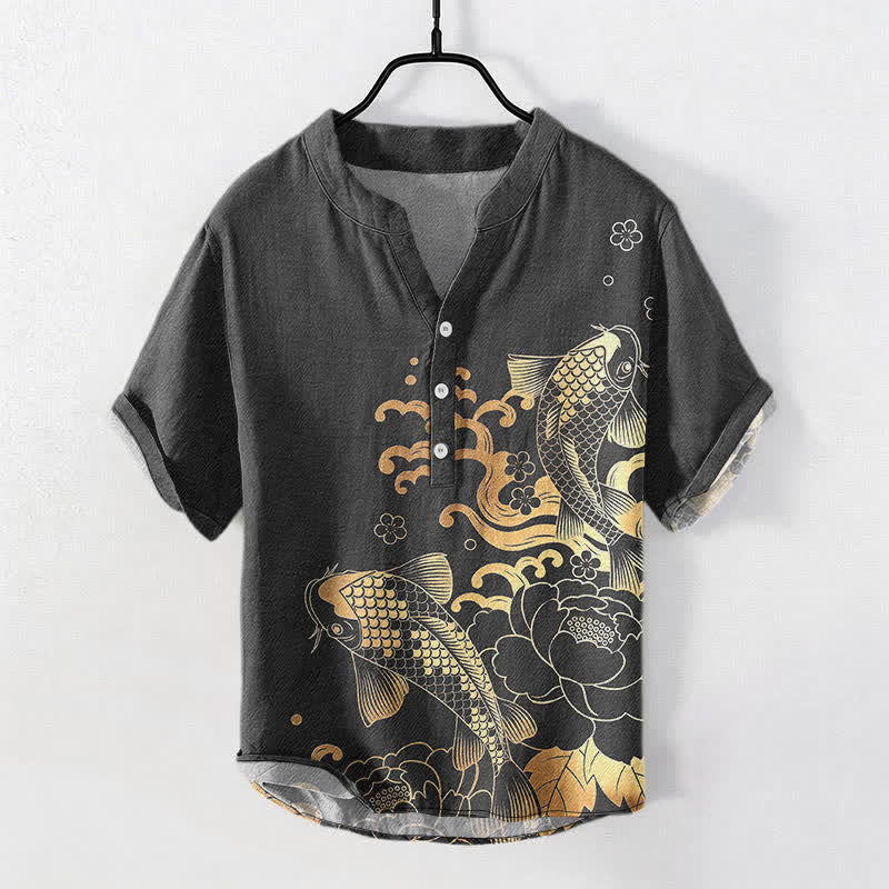 Nimara Ritual Cotton Koi Fish Peony Pattern Men's Short Sleeve Half Button Shirt