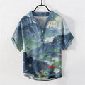 Nimara Ritual Cotton Ink Wash Landscape Pattern Men's Short Sleeve Half Button Shirt