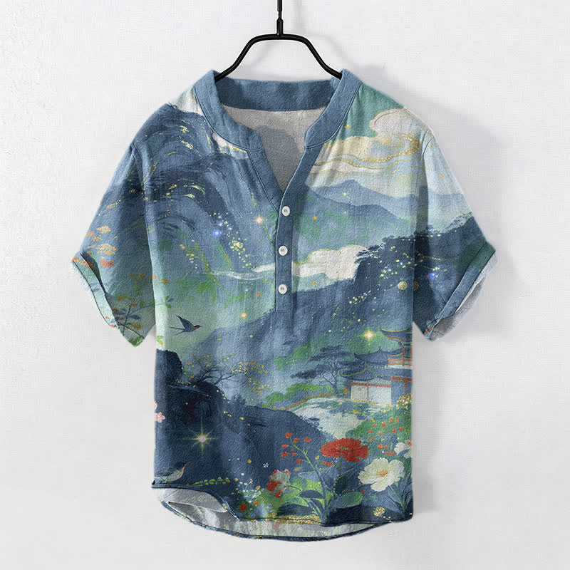 Nimara Ritual Cotton Ink Wash Landscape Pattern Men's Short Sleeve Half Button Shirt