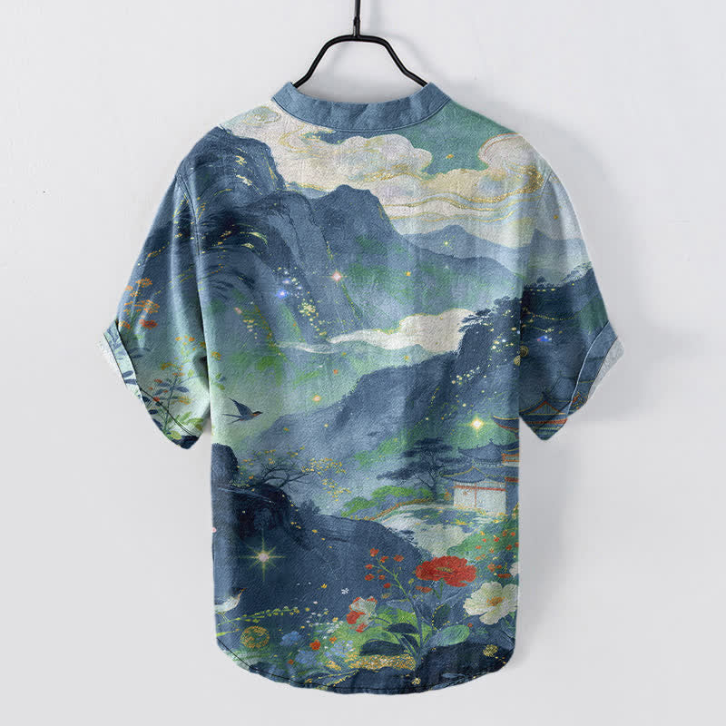 Nimara Ritual Cotton Ink Wash Landscape Pattern Men's Short Sleeve Half Button Shirt