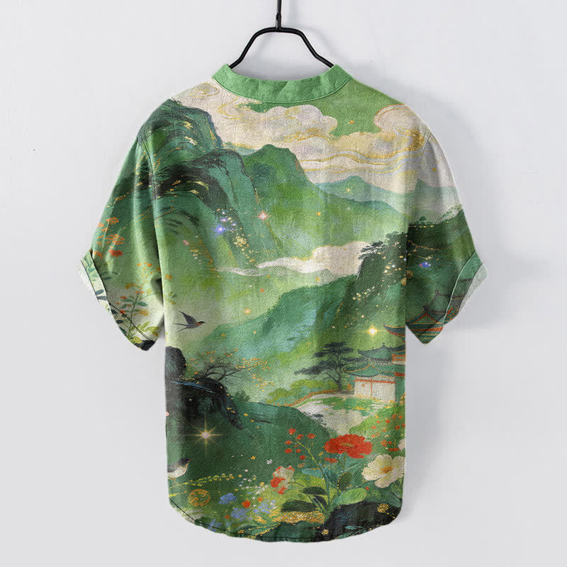 Nimara Ritual Cotton Ink Wash Landscape Pattern Men's Short Sleeve Half Button Shirt