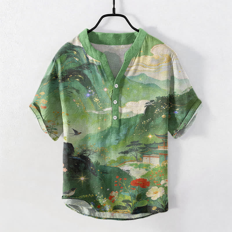 Nimara Ritual Cotton Ink Wash Landscape Pattern Men's Short Sleeve Half Button Shirt