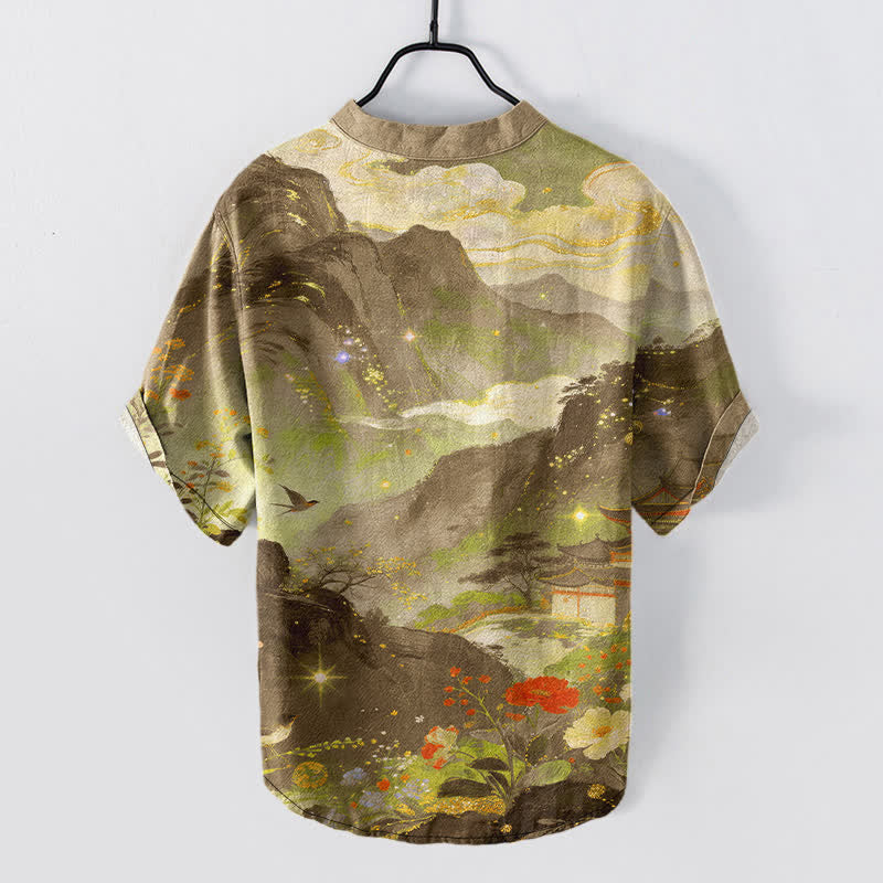 Nimara Ritual Cotton Ink Wash Landscape Pattern Men's Short Sleeve Half Button Shirt