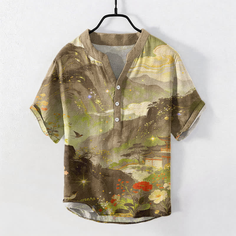 Nimara Ritual Cotton Ink Wash Landscape Pattern Men's Short Sleeve Half Button Shirt