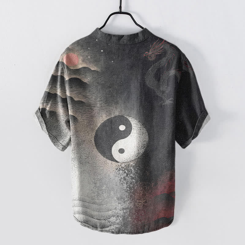 Nimara Ritual Cotton Yin Yang Cloud Pattern Men's Short Sleeve Half Button Shirt
