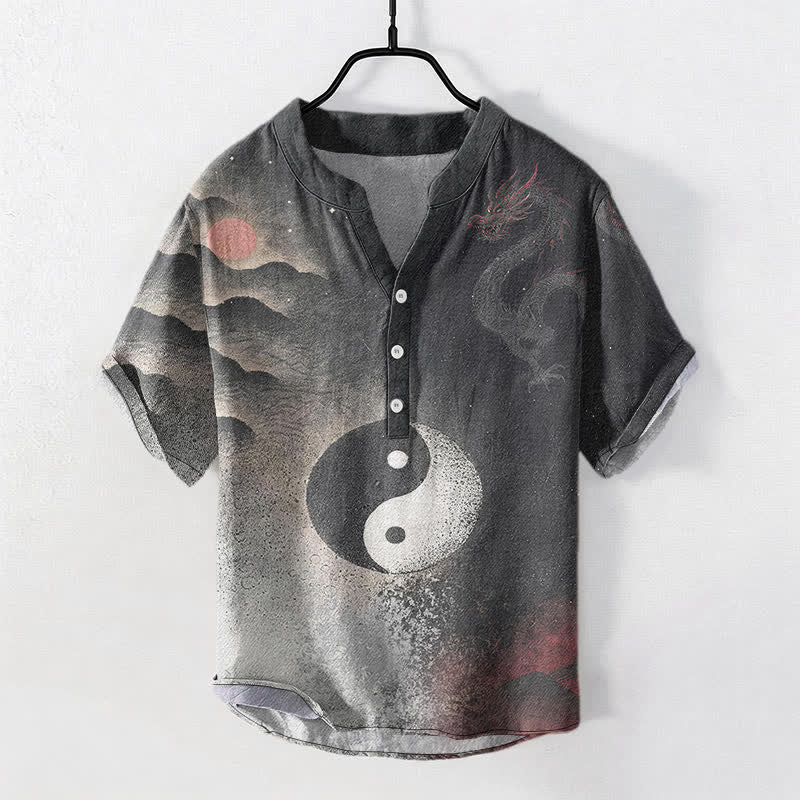 Nimara Ritual Cotton Yin Yang Cloud Pattern Men's Short Sleeve Half Button Shirt