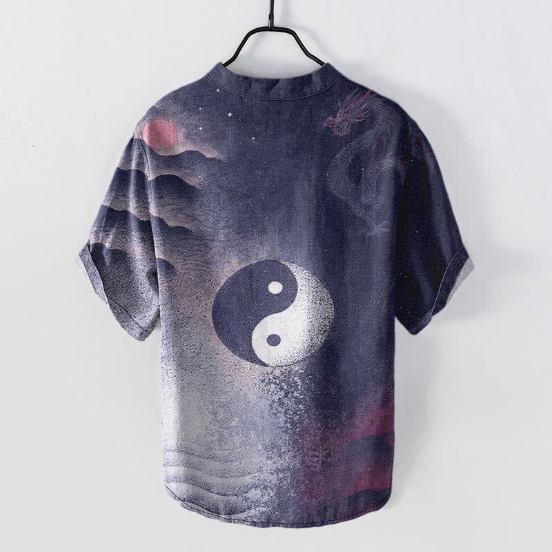 Nimara Ritual Cotton Yin Yang Cloud Pattern Men's Short Sleeve Half Button Shirt
