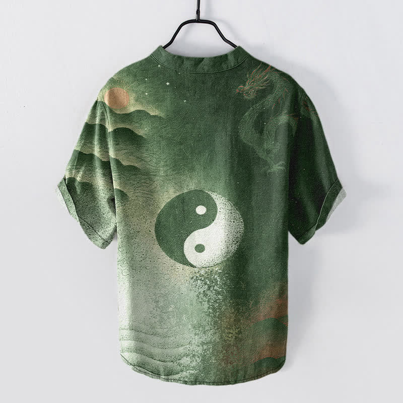 Nimara Ritual Cotton Yin Yang Cloud Pattern Men's Short Sleeve Half Button Shirt