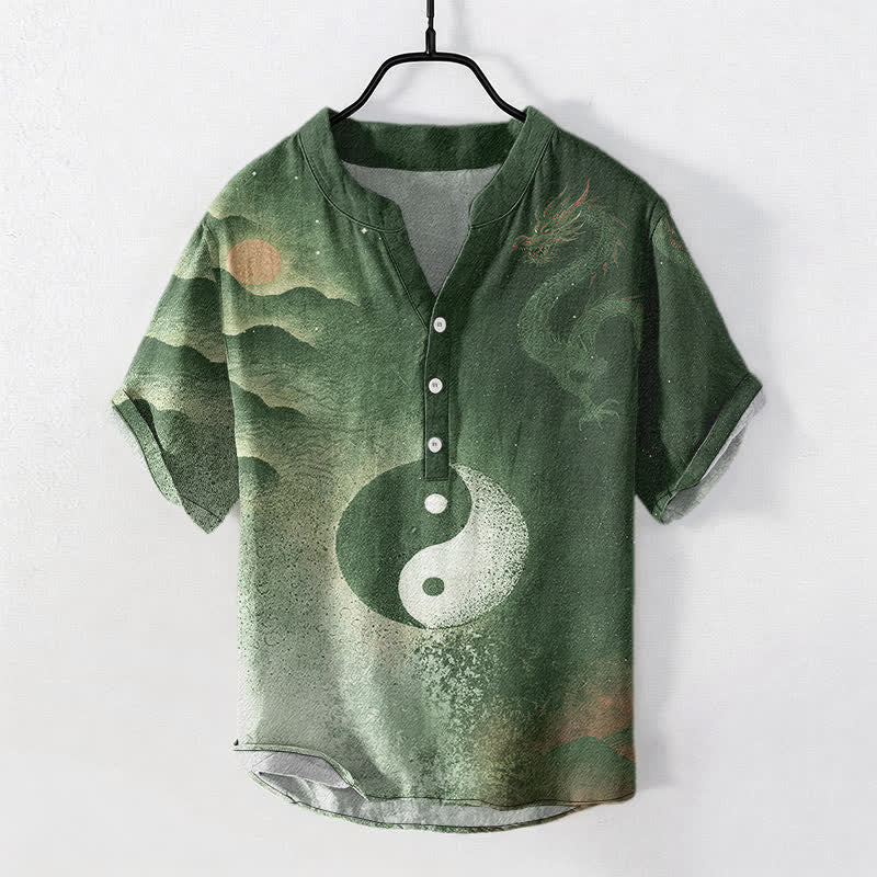 Nimara Ritual Cotton Yin Yang Cloud Pattern Men's Short Sleeve Half Button Shirt