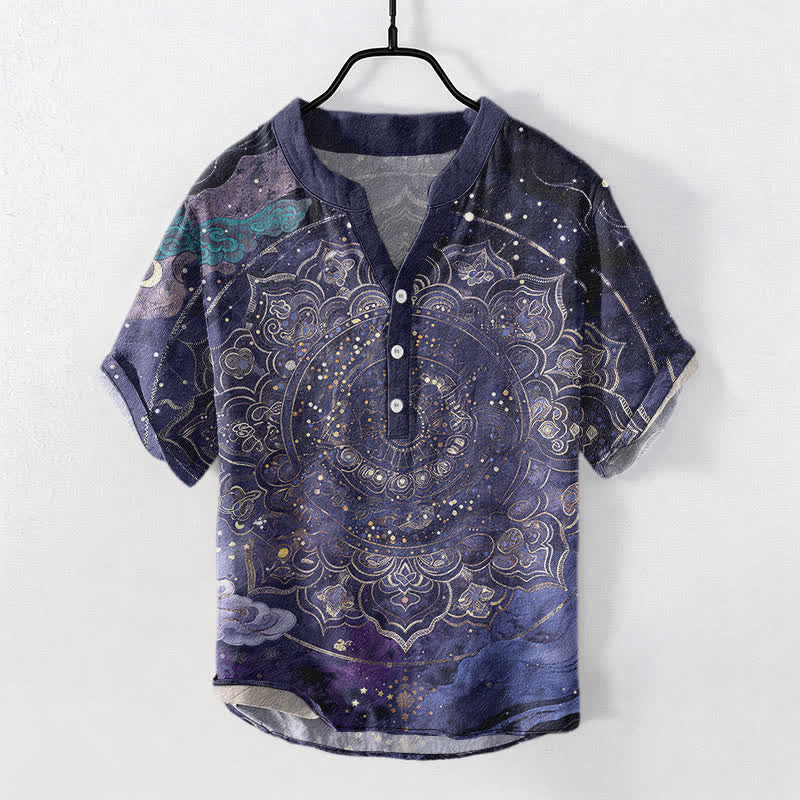 Nimara Ritual Cotton Golden Mandala Galaxy Pattern Men's Short Sleeve Half Button Shirt