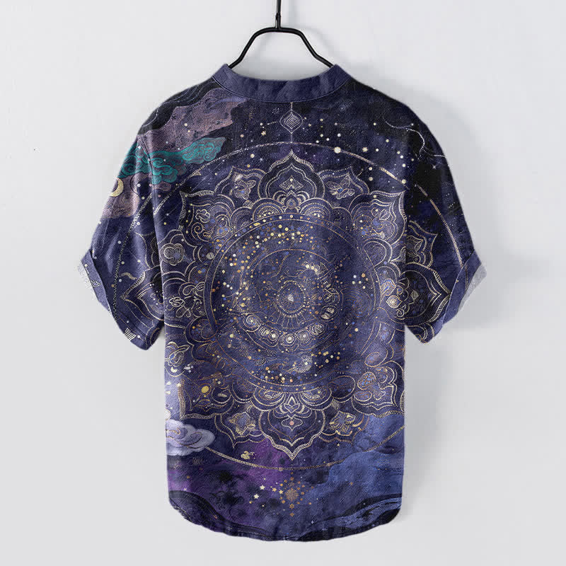 Nimara Ritual Cotton Golden Mandala Galaxy Pattern Men's Short Sleeve Half Button Shirt
