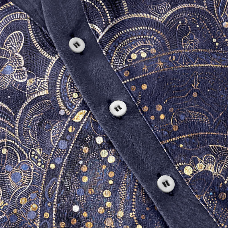 Nimara Ritual Cotton Golden Mandala Galaxy Pattern Men's Short Sleeve Half Button Shirt