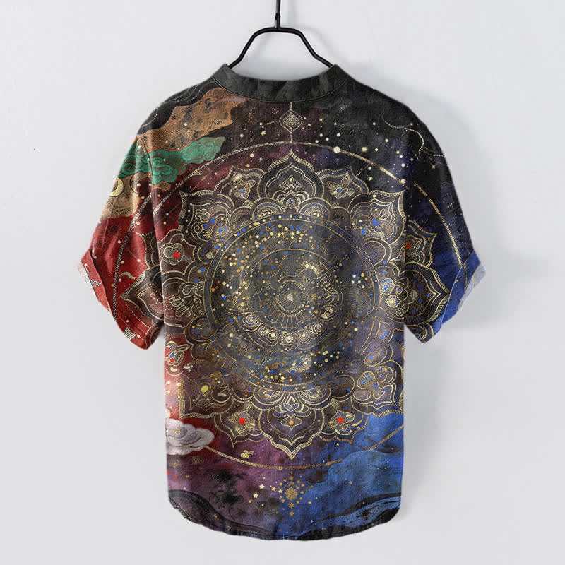 Nimara Ritual Cotton Golden Mandala Galaxy Pattern Men's Short Sleeve Half Button Shirt