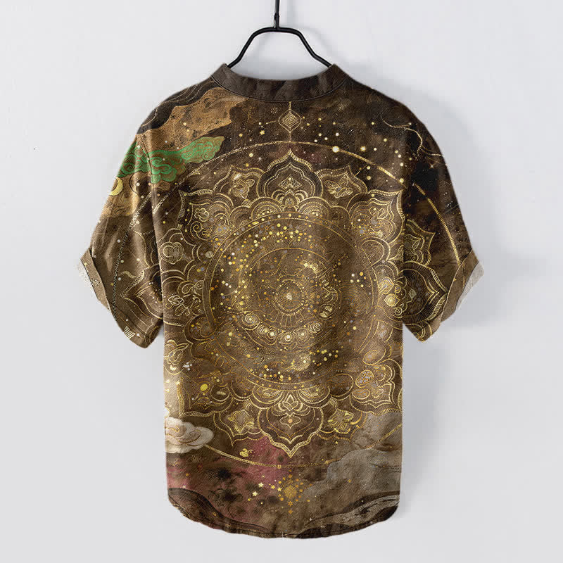 Nimara Ritual Cotton Golden Mandala Galaxy Pattern Men's Short Sleeve Half Button Shirt