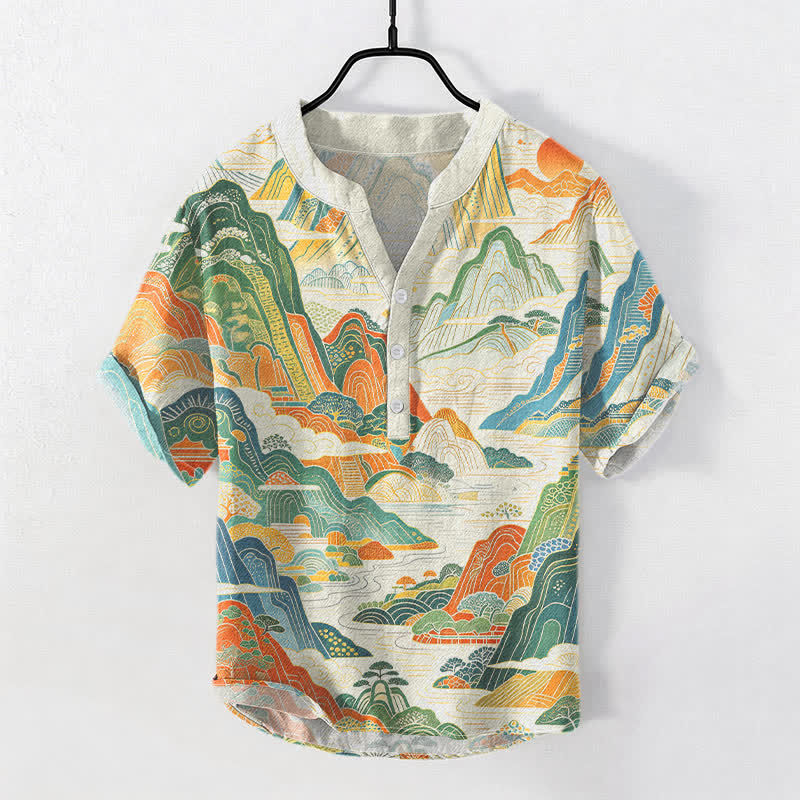 Nimara Ritual Cotton Abstract Mountain Landscape Pattern Men's Short Sleeve Half Button Shirt