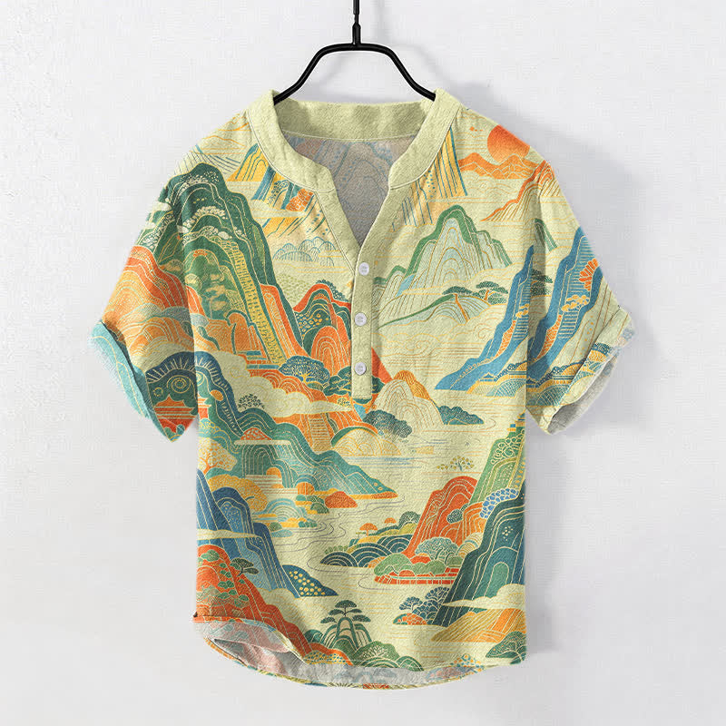 Nimara Ritual Cotton Abstract Mountain Landscape Pattern Men's Short Sleeve Half Button Shirt