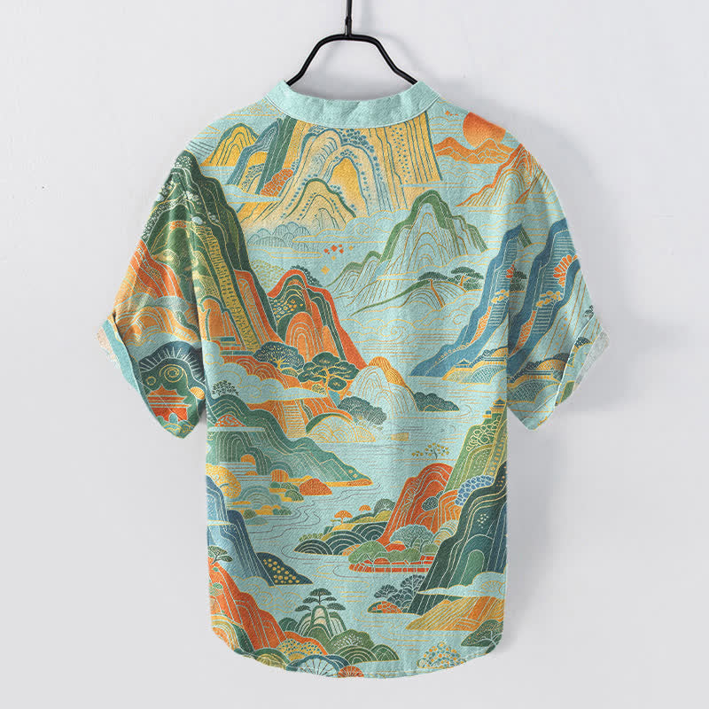 Nimara Ritual Cotton Abstract Mountain Landscape Pattern Men's Short Sleeve Half Button Shirt