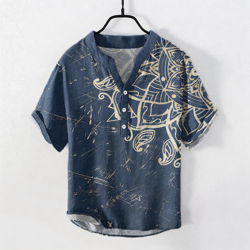 Nimara Ritual Cotton Vintage Mandala Floral Pattern Men's Short Sleeve Half Button Shirt