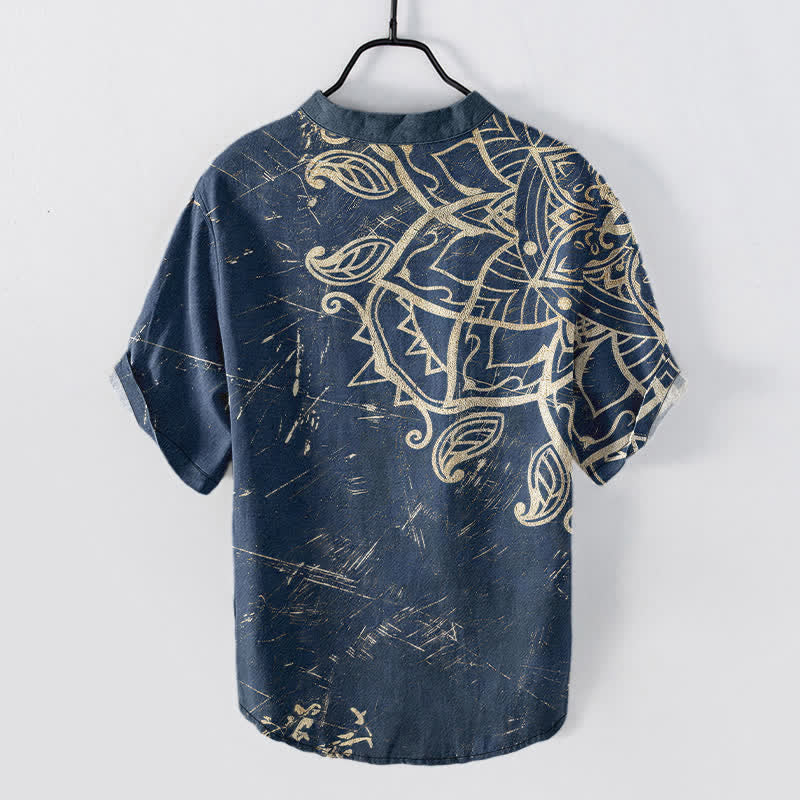 Nimara Ritual Cotton Vintage Mandala Floral Pattern Men's Short Sleeve Half Button Shirt