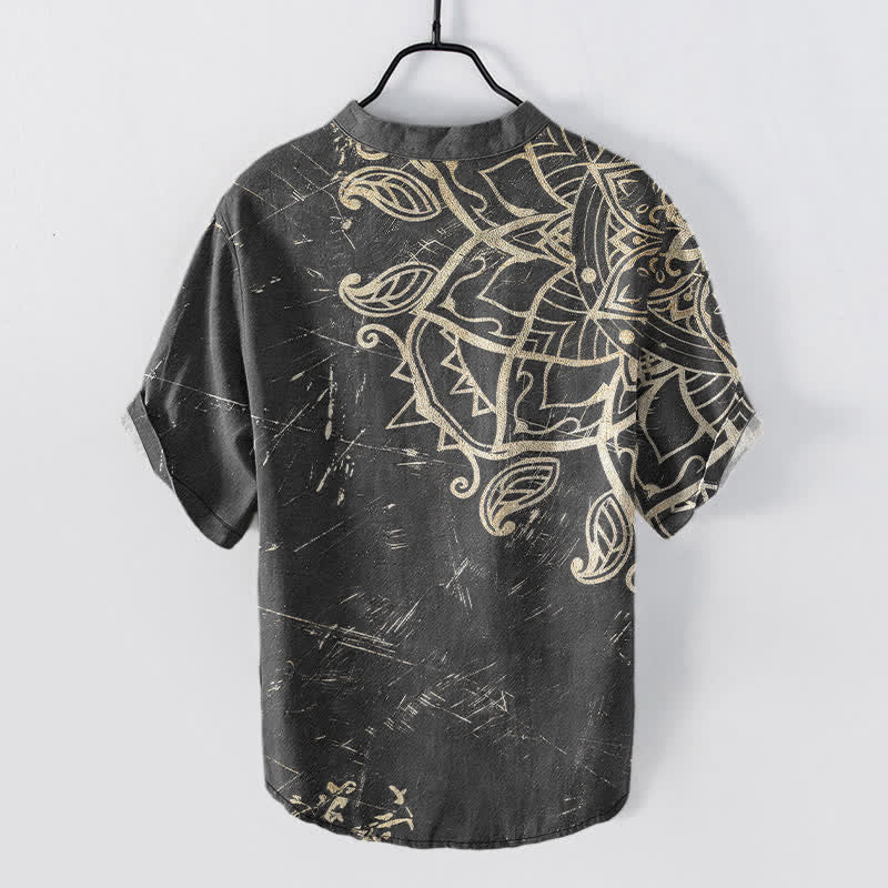 Nimara Ritual Cotton Vintage Mandala Floral Pattern Men's Short Sleeve Half Button Shirt
