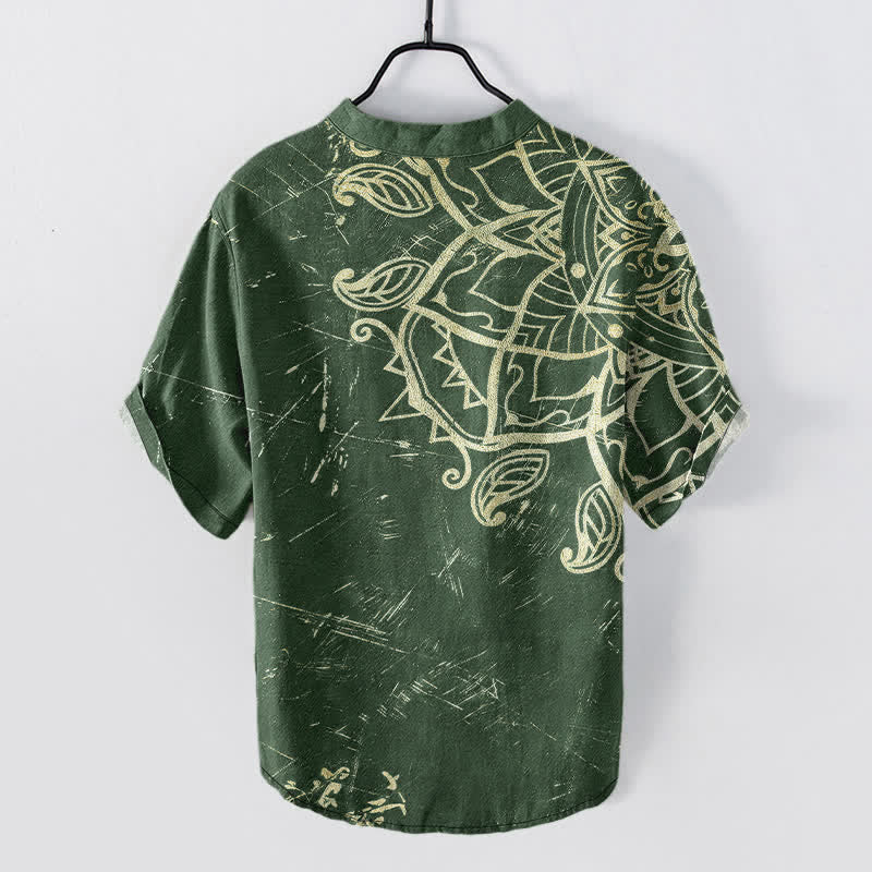 Nimara Ritual Cotton Vintage Mandala Floral Pattern Men's Short Sleeve Half Button Shirt