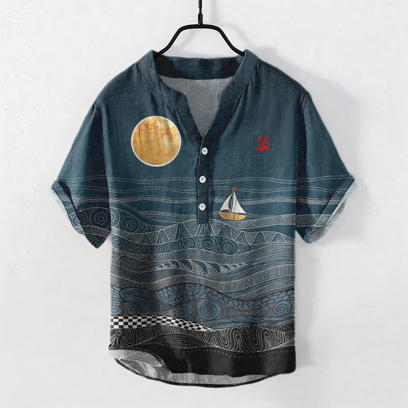 Nimara Ritual Cotton Ocean Wave Sailboat Pattern Men's Short Sleeve Half Button Shirt