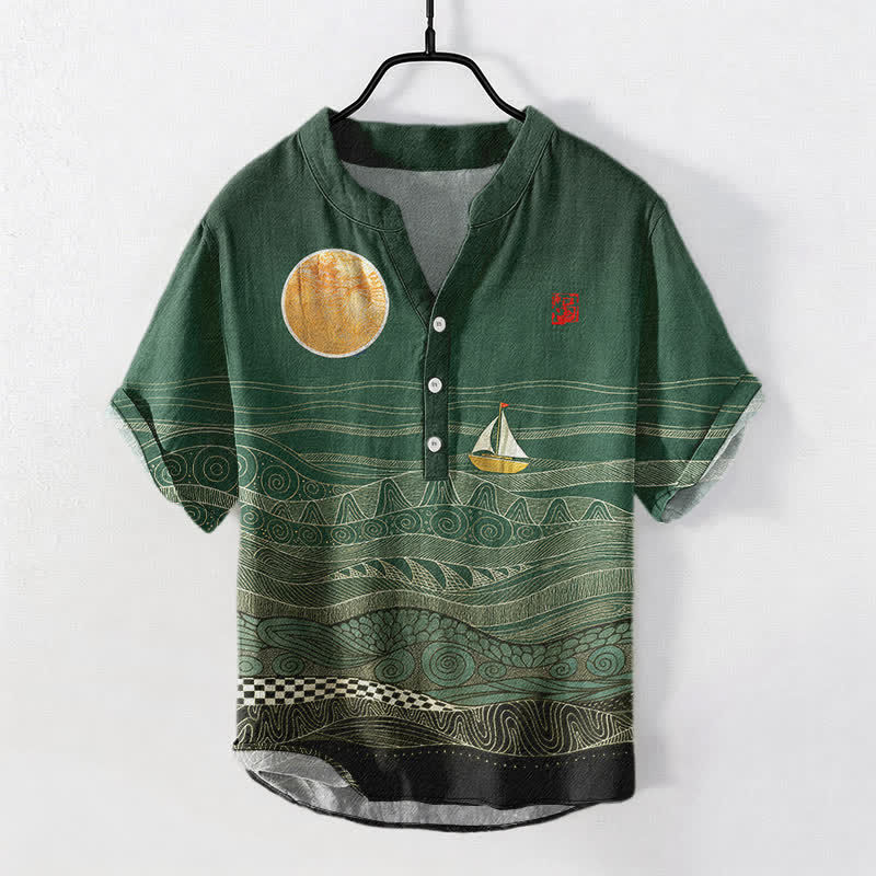 Nimara Ritual Cotton Ocean Wave Sailboat Pattern Men's Short Sleeve Half Button Shirt