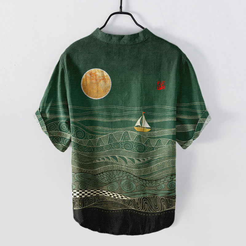Nimara Ritual Cotton Ocean Wave Sailboat Pattern Men's Short Sleeve Half Button Shirt