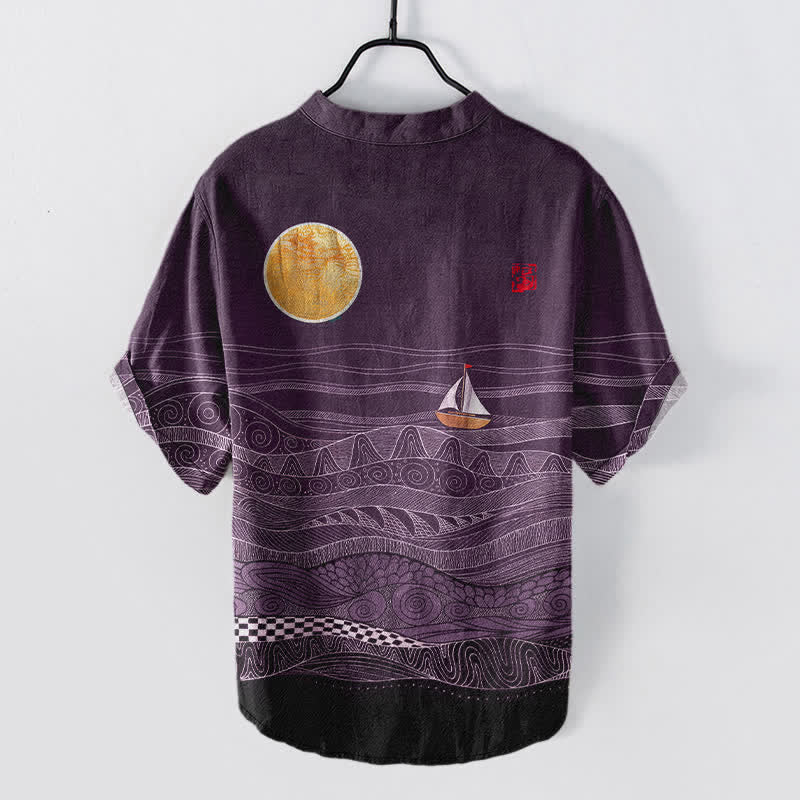Nimara Ritual Cotton Ocean Wave Sailboat Pattern Men's Short Sleeve Half Button Shirt