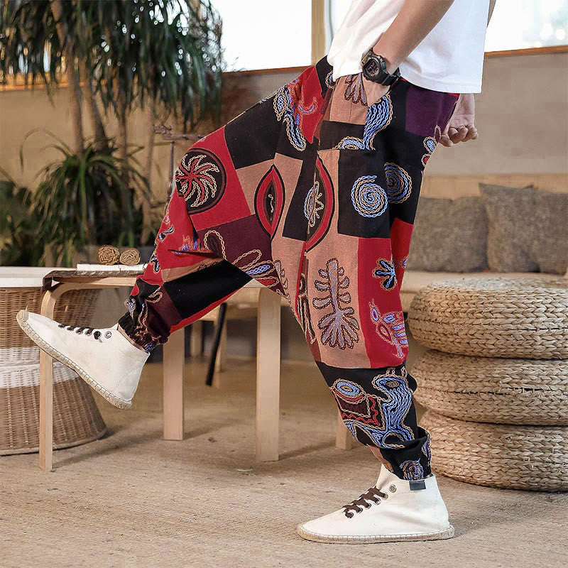 Nimara Ritual Grid Flower Print Cotton Men's Harem Cropped Pants With Pockets