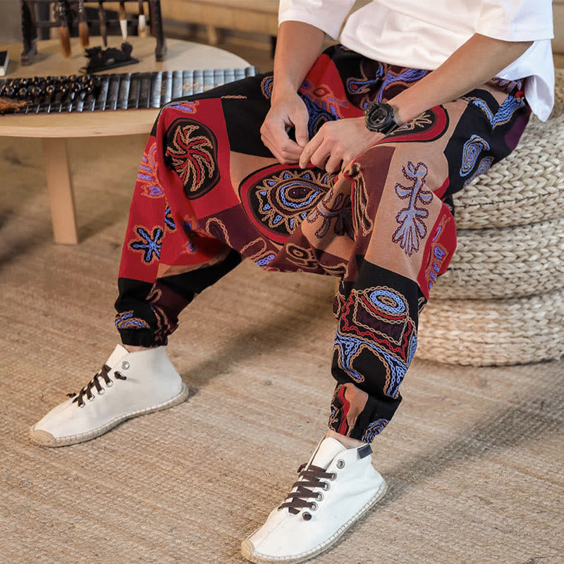 Nimara Ritual Grid Flower Print Cotton Men's Harem Cropped Pants With Pockets