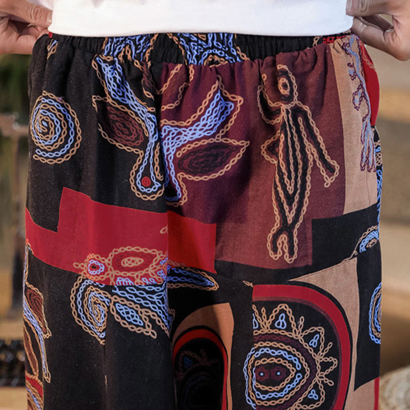 Nimara Ritual Grid Flower Print Cotton Men's Harem Cropped Pants With Pockets