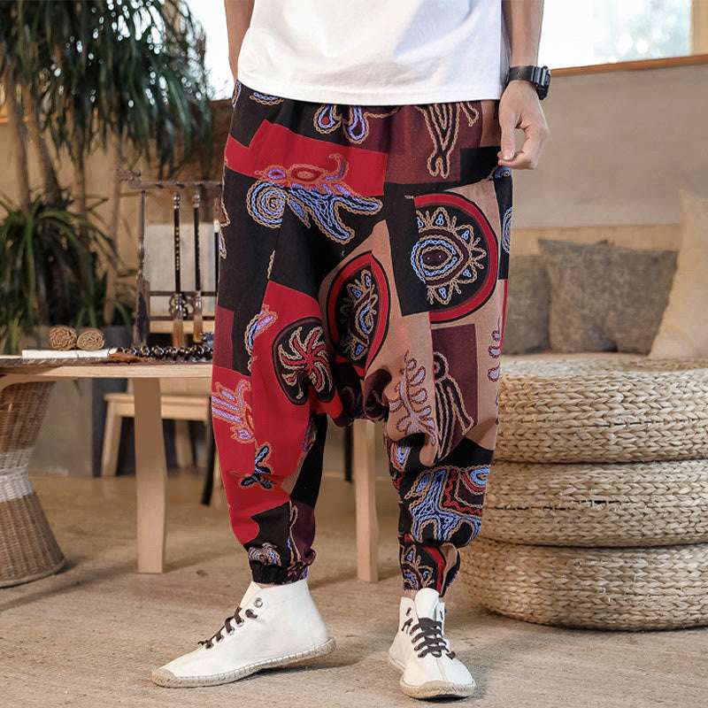 Nimara Ritual Grid Flower Print Cotton Men's Harem Cropped Pants With Pockets
