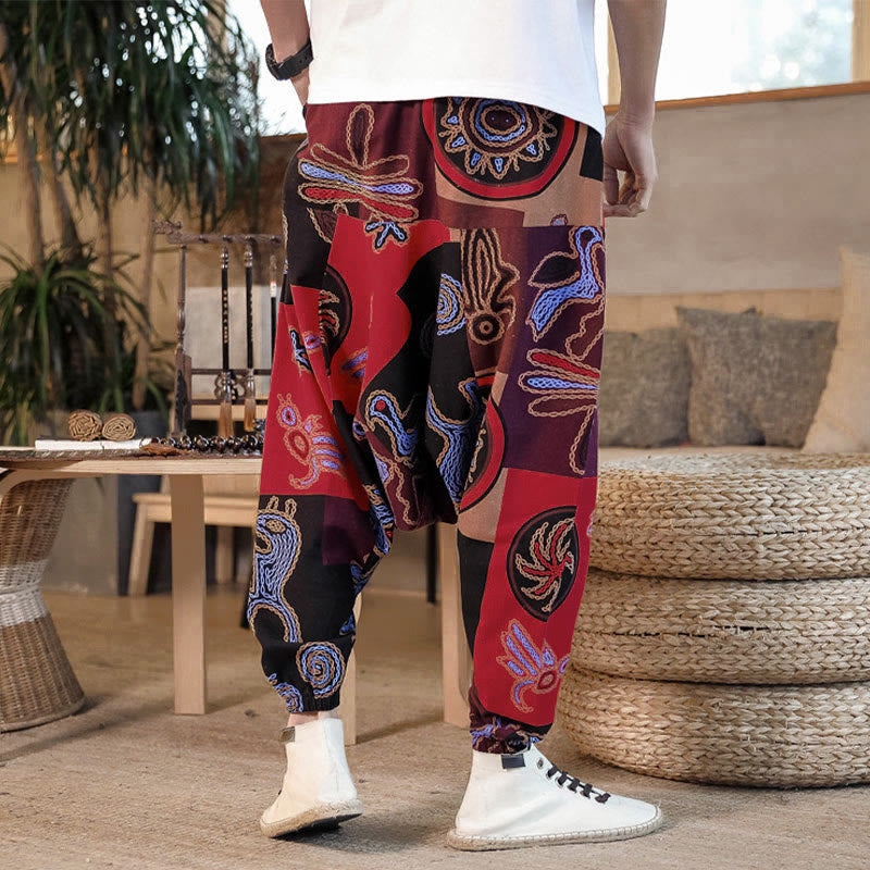 Nimara Ritual Grid Flower Print Cotton Men's Harem Cropped Pants With Pockets