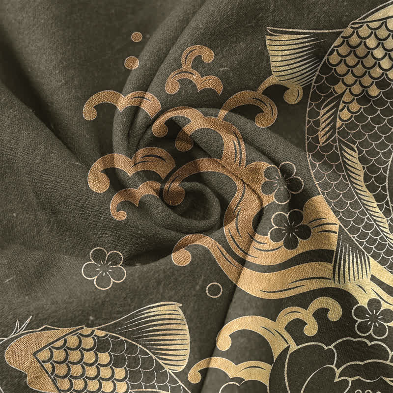 Nimara Ritual Cotton Koi Fish Peony Pattern Men's Short Sleeve Half Button Shirt