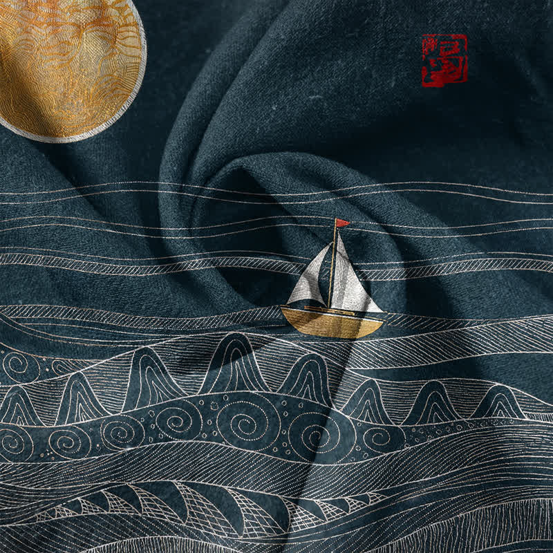 Nimara Ritual Cotton Ocean Wave Sailboat Pattern Men's Short Sleeve Half Button Shirt