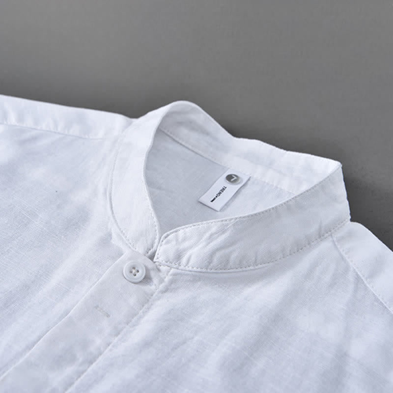 Nimara Ritual Spring Casual Mandarin Collar Button-Up Solid Cotton Linen Men's Long Sleeve Shirts
