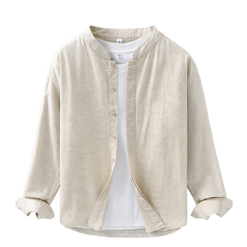 Nimara Ritual Spring Casual Mandarin Collar Button-Up Solid Cotton Linen Men's Long Sleeve Shirts