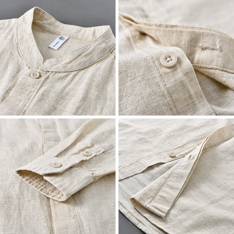 Nimara Ritual Spring Casual Mandarin Collar Button-Up Solid Cotton Linen Men's Long Sleeve Shirts