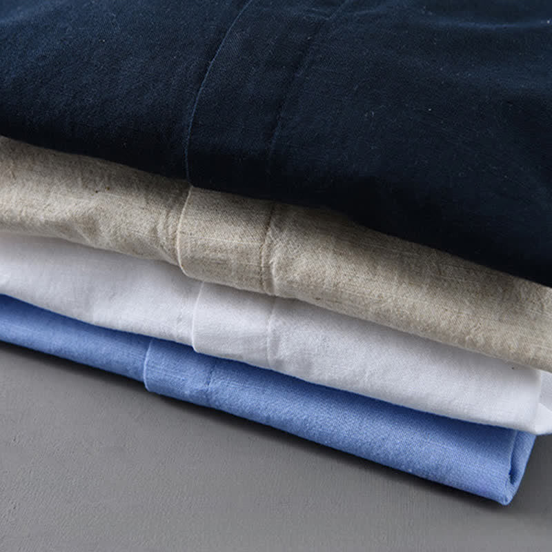 Nimara Ritual Spring Casual Mandarin Collar Button-Up Solid Cotton Linen Men's Long Sleeve Shirts