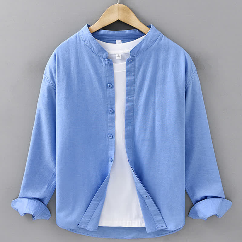 Nimara Ritual Spring Casual Mandarin Collar Button-Up Solid Cotton Linen Men's Long Sleeve Shirts