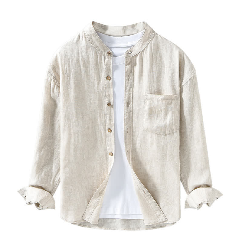 Nimara Ritual Spring Casual Mandarin Collar Solid Linen Men's Long Sleeve Shirts With Patch Pocket