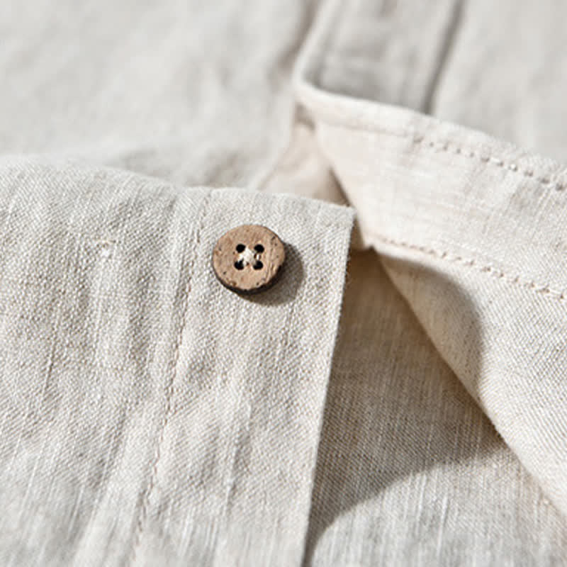 Nimara Ritual Spring Casual Mandarin Collar Solid Linen Men's Long Sleeve Shirts With Patch Pocket