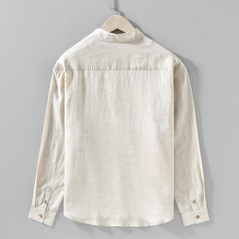 Nimara Ritual Spring Casual Mandarin Collar Solid Linen Men's Long Sleeve Shirts With Patch Pocket