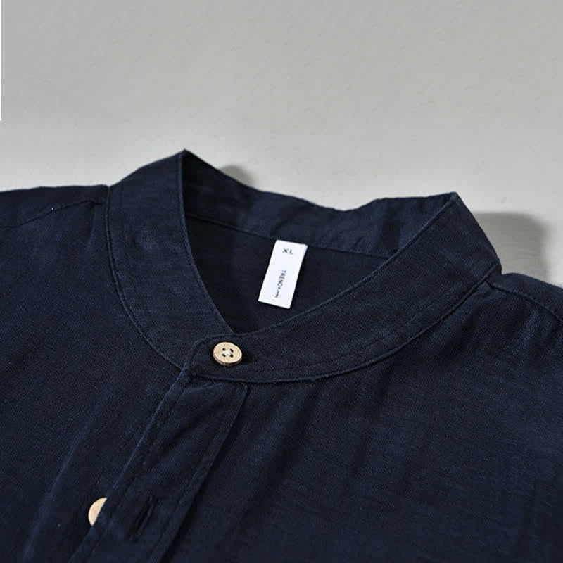 Nimara Ritual Spring Casual Mandarin Collar Solid Linen Men's Long Sleeve Shirts With Patch Pocket
