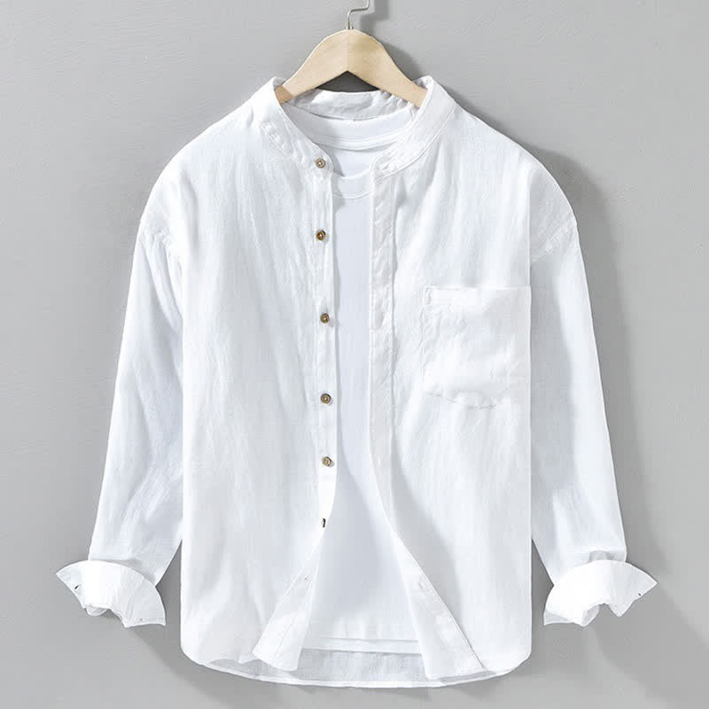 Nimara Ritual Spring Casual Mandarin Collar Solid Linen Men's Long Sleeve Shirts With Patch Pocket