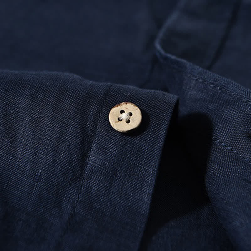 Nimara Ritual Spring Casual Mandarin Collar Solid Linen Men's Long Sleeve Shirts With Patch Pocket