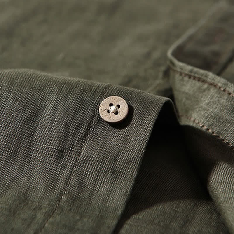 Nimara Ritual Spring Casual Mandarin Collar Solid Linen Men's Long Sleeve Shirts With Patch Pocket