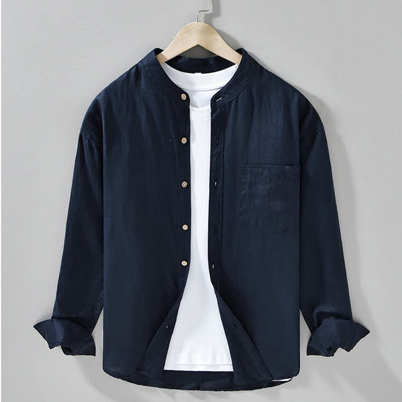 Nimara Ritual Spring Casual Mandarin Collar Solid Linen Men's Long Sleeve Shirts With Patch Pocket